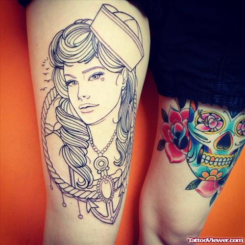 Outline Girl Head And Sugar Skull Leg Tattoo