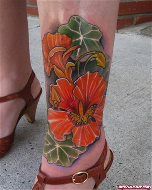 Nasturtium Flowers Left Leg Tattoo