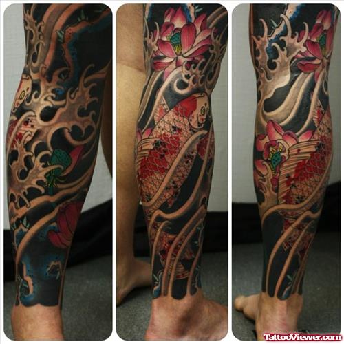 Japanese Flowers And Fish Leg Tattoo