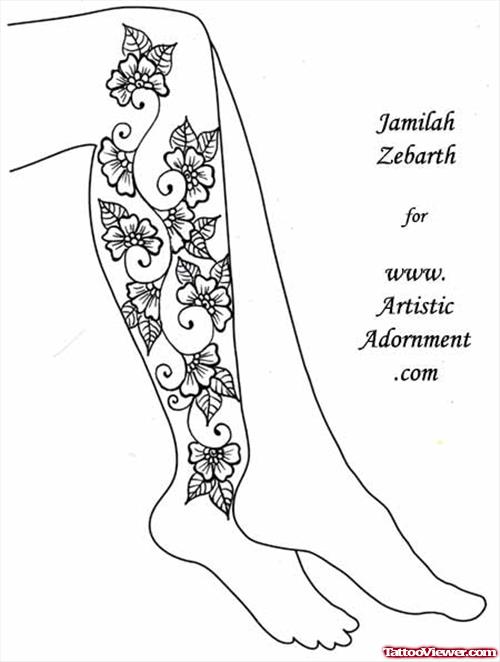 Henna Mehndi Flowers Leg Tattoo Design