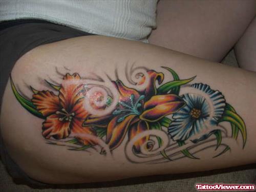 Colored Flowers Right Leg Tattoo For GIrls