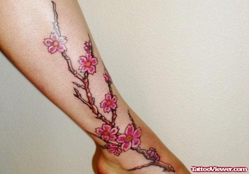 Cherry Blossom Flowers Leg Tattoo