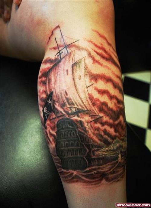 Pirate Ship Leg Tattoo