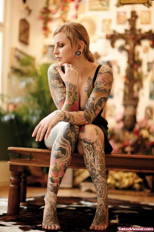 Lotus Flower And Black Ink Leg Tattoos For Girls