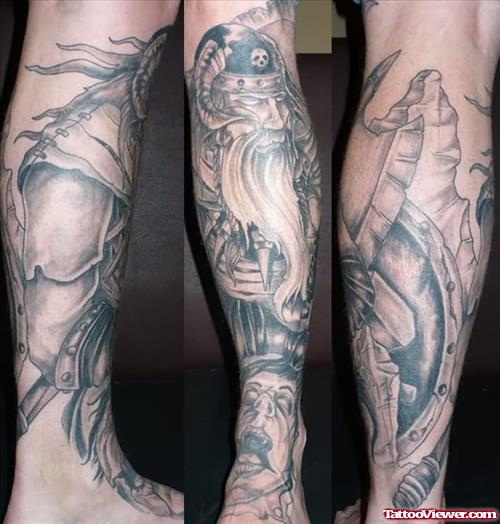 Grey Ink Viking Leg Tattoo