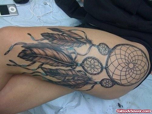 Grey Ink Dreamcatcher Leg Tattoo