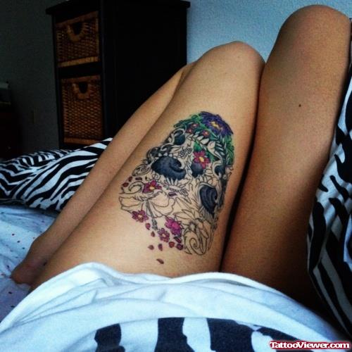 Flowers And Sugar Skull Leg Tattoo