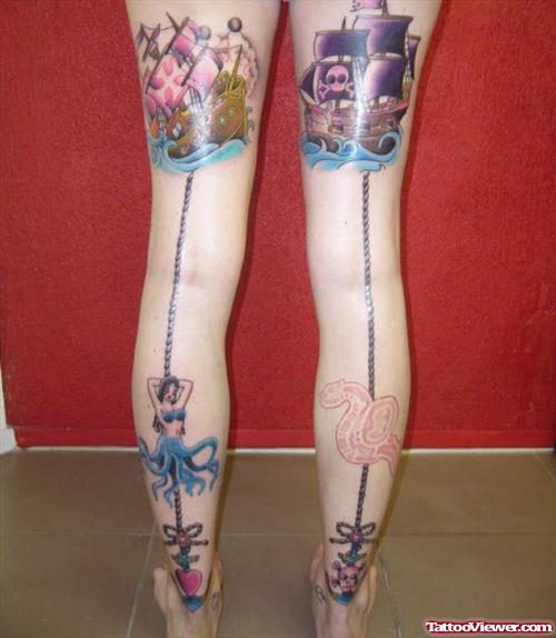 Colored Ships And Anchors Back Leg Tattoos