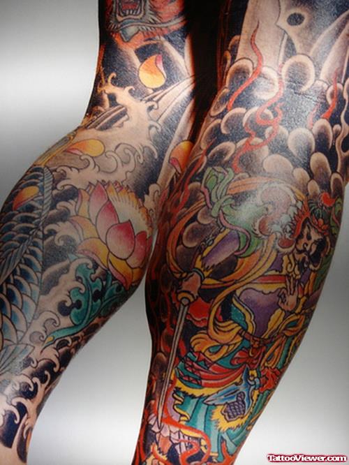 Colored Lotus Flower And Yakuza Leg Tattoo