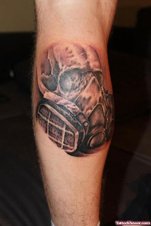 Awesome Grey Ink Mask Man Leg Tattoo
