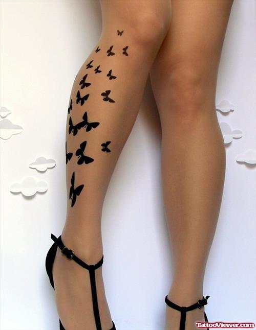 Black Butterflies Right Leg Tattoo