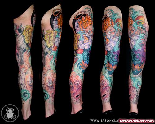 Japanese Tiger And Colored Flowers Leg Tattoos