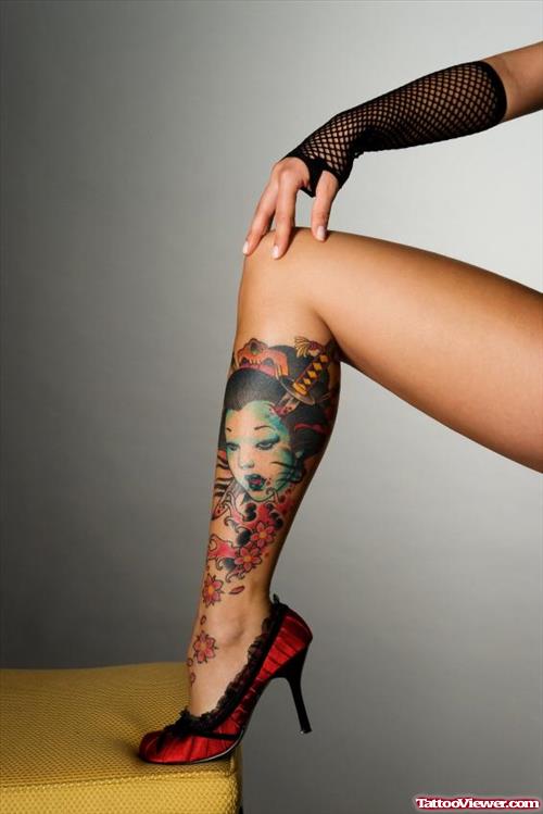 Japanese Girl Head Leg Tattoo