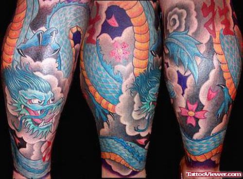 Japanese Colored Flowers and Dragon Leg Tattoo