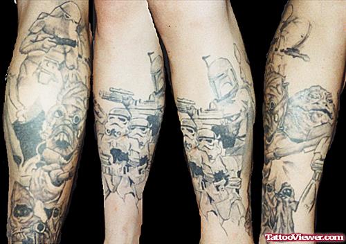 Grey Ink Warriors Leg Tattoo