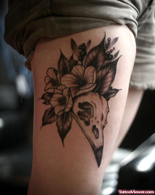 Grey Ink Flowers And Bird Skull Leg Tattoo