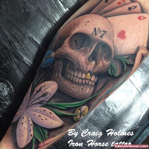 Grey Ink Flower And Skull Leg Tattoo