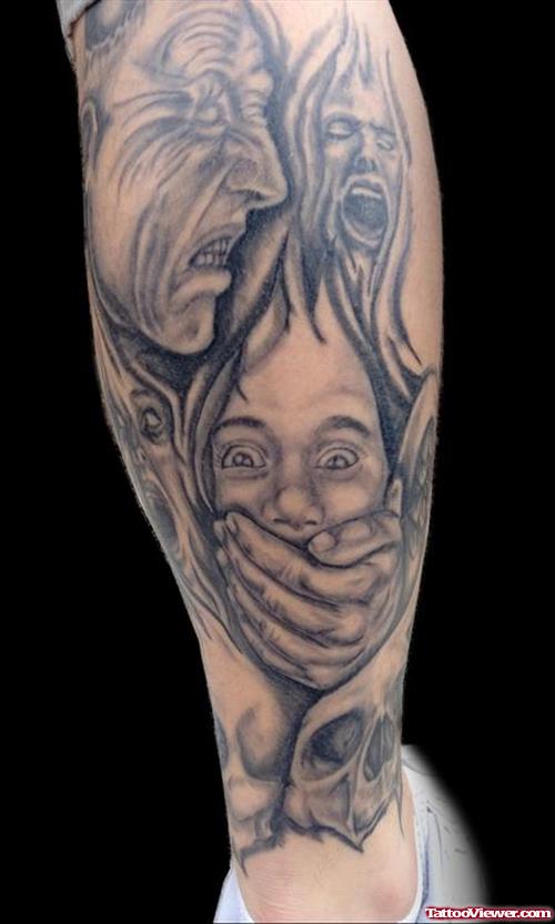 Grey Ink Demon Scary Leg Tattoo