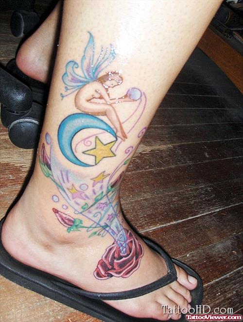 Fairy Sitting On Moon And Rose Leg Tattoo