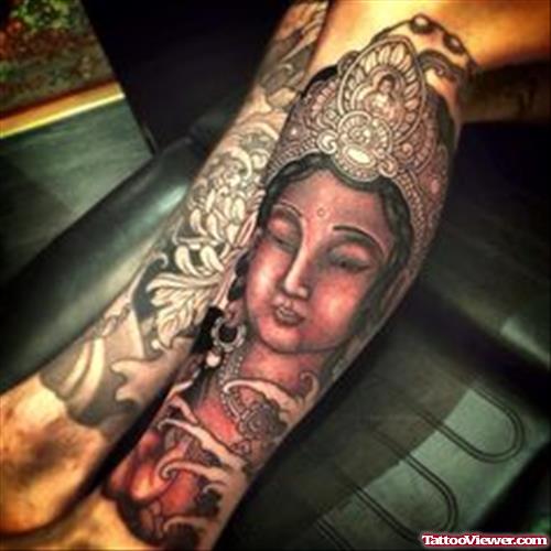 Dark Ink Religious Leg Tattoo