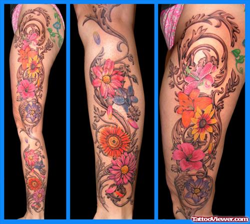 Amazing Colored Flowers Side Leg Tattoo