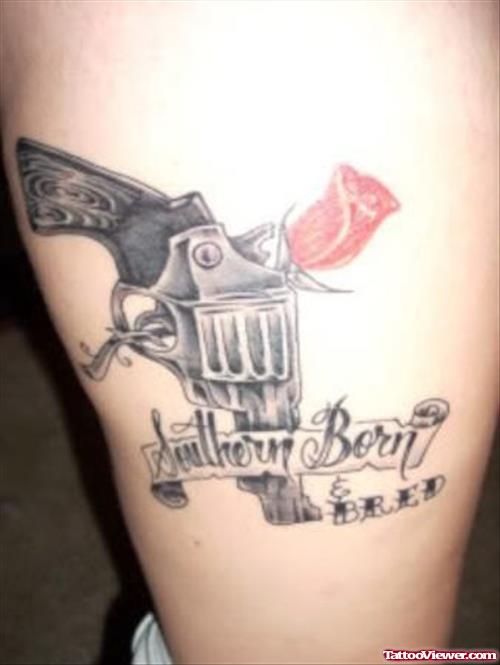 Gun And Rose Bud Leg Tattoo
