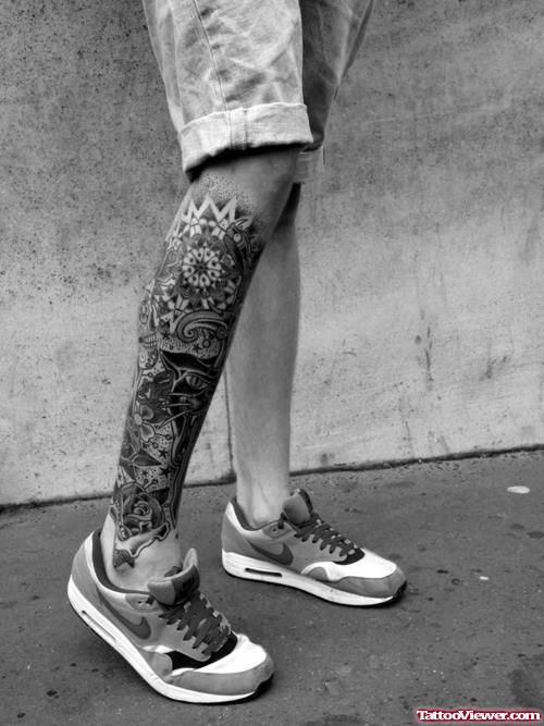 Grey Ink Flowers Leg Tattoo