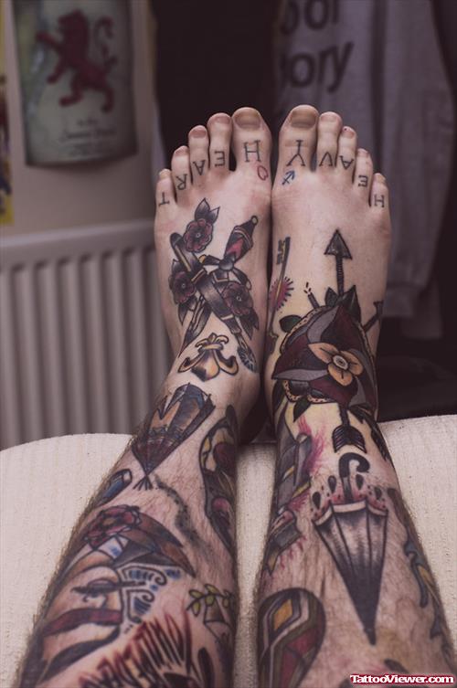 Flowers And Arrow Leg Tattoos