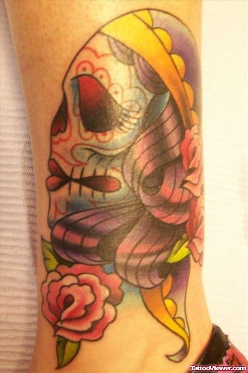 Dia De Los Muertos And Flower Leg Tattoo