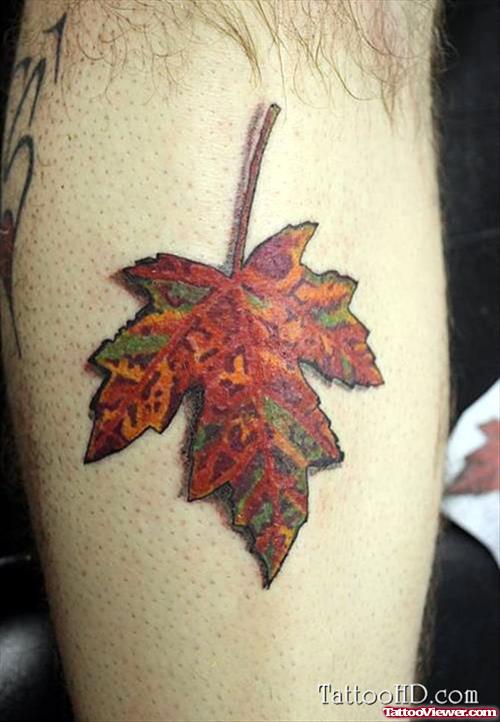 Colored Maple Leaf Leg Tattoo