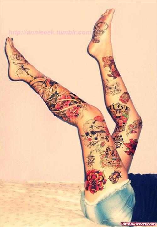 Colored Flowers And Skull Leg Tattoos