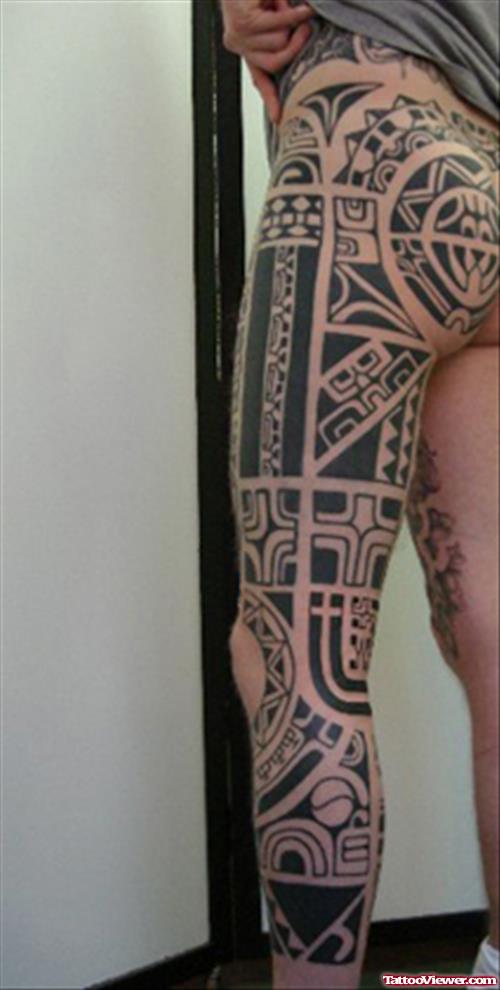 Black Ink Samoan Leg Tattoo