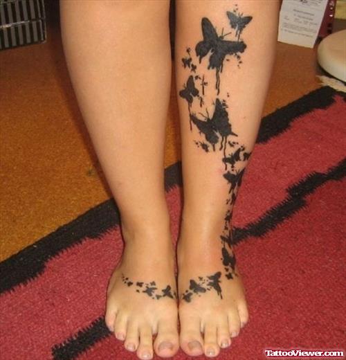 Black Flying Butterflies Leg Tattoos For Girls