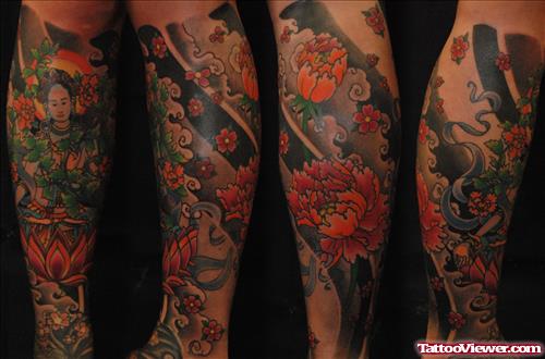 Amazing Japanese Colored Leg Tattoo