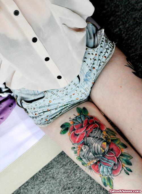 Diamond Rose Flowers And Camera Right Leg Tattoo