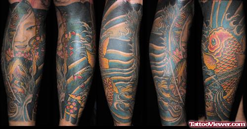 Colored Japanese Koi Leg Tattoo