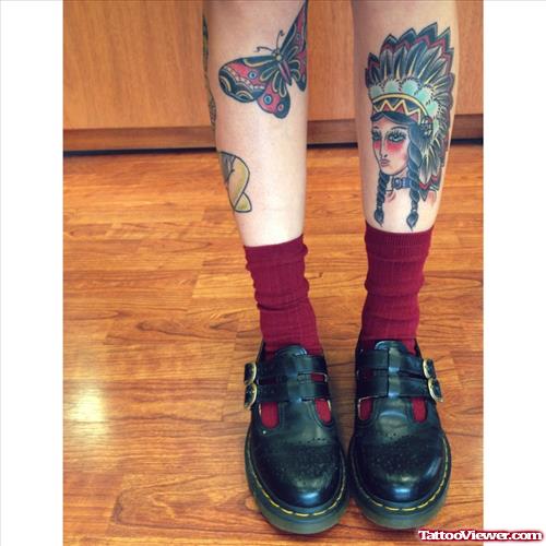 Butterfly And Girl Head Leg Tattoos