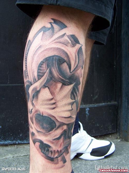 Beautiful Grey Ink Biomechanical Leg Tattoo