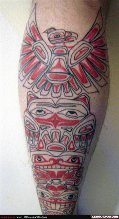 Aztec Red Ink Back Leg Tattoo