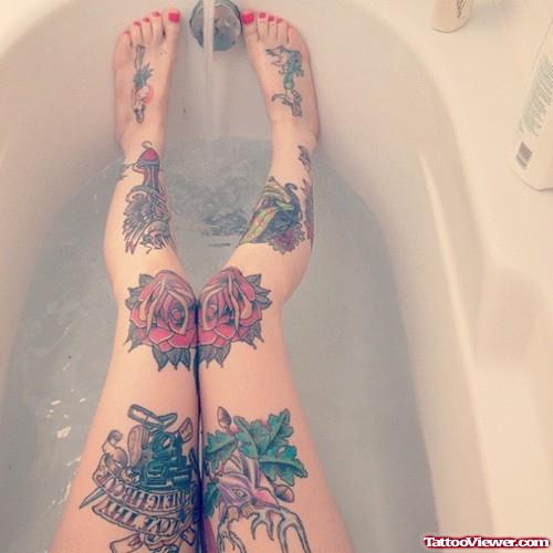 Awesome Rose Flowers And Leg Tattoos