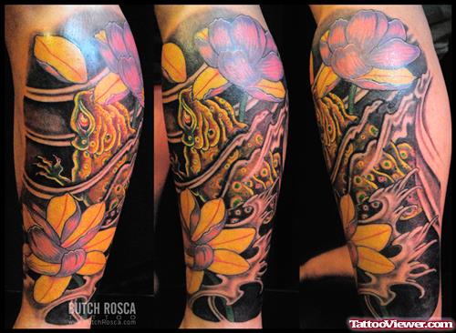 Dark Ink Flowers Leg Tattoos