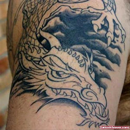 Cute Grey Ink Dragon Leg Tattoo