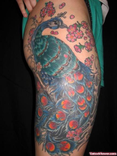 Colored Peacock Flowers Leg Tattoo