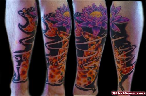 Colored Fish And Lotus Flower Back Leg Tattoo