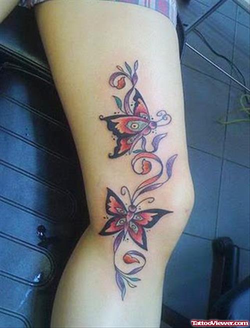 Colored Butterfly Leg Tattoo