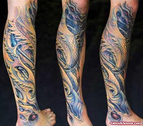 Classic Colored Biomechanical Leg Tattoo