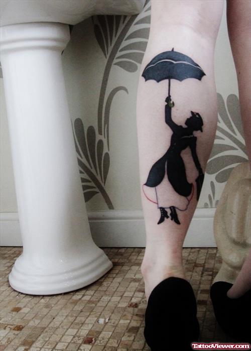 Black Ink Mary Back Leg Tattoo