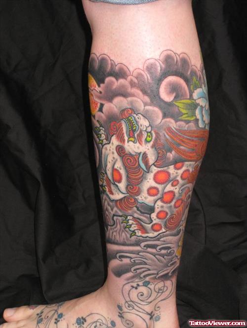 Japanese Foo Dog Leg Tattoo