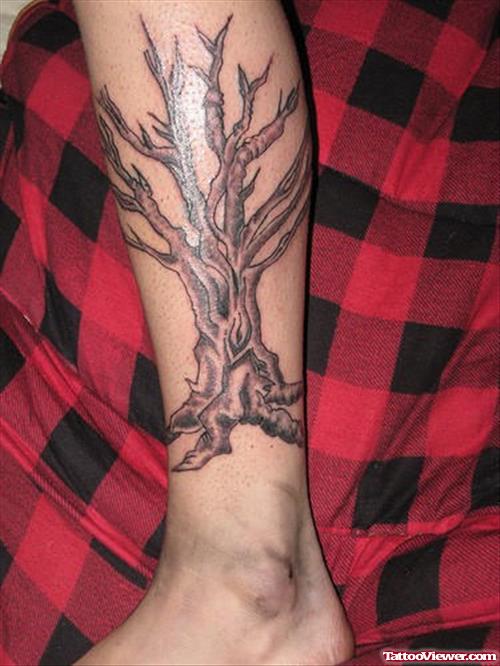 Grey Ink Tree Leg Tattoos