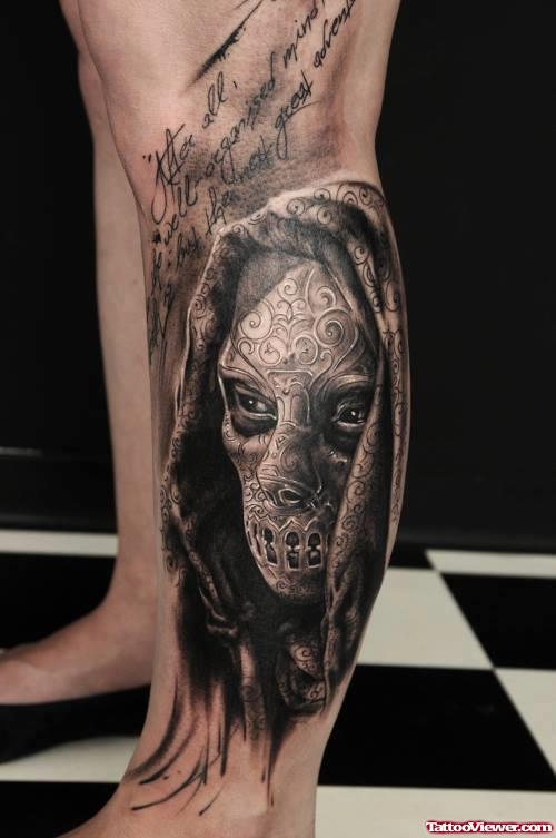 Grey Ink Scary Evil Leg Tattoo